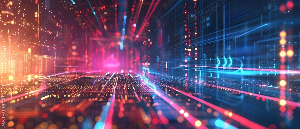 Leinwandbilder futuristic digital patterns and glowing lines in abstract technology background