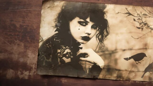 portrait photo of a beautiful young gothic woman dressed in black next to some birds on a bush, in a vintage sepia photograph in pictorialist style dark and enigmatic scene on a wooden table