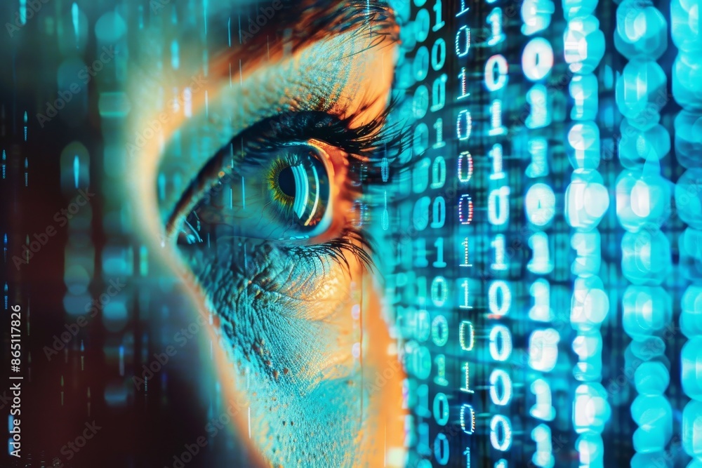 Poster close-up of an eye examining information on a computer screen, a visual metaphor for the role of enc