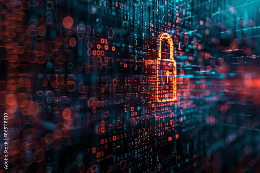 Poster a metallic padlock symbolizing security and encryption against a digital backdrop, a visual metaphor