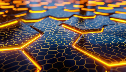 Obraz premium A detailed photograph is taken of the honeycomb pattern illuminated by orange lights