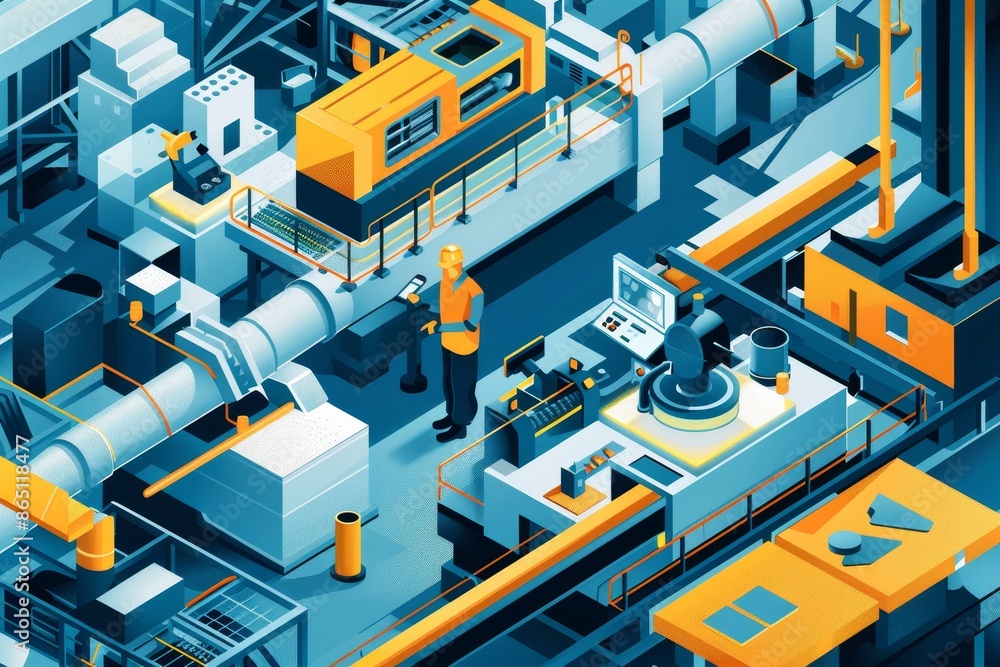 Poster workers operating machines in a bustling factory to increase production efficiency, a visual of an e