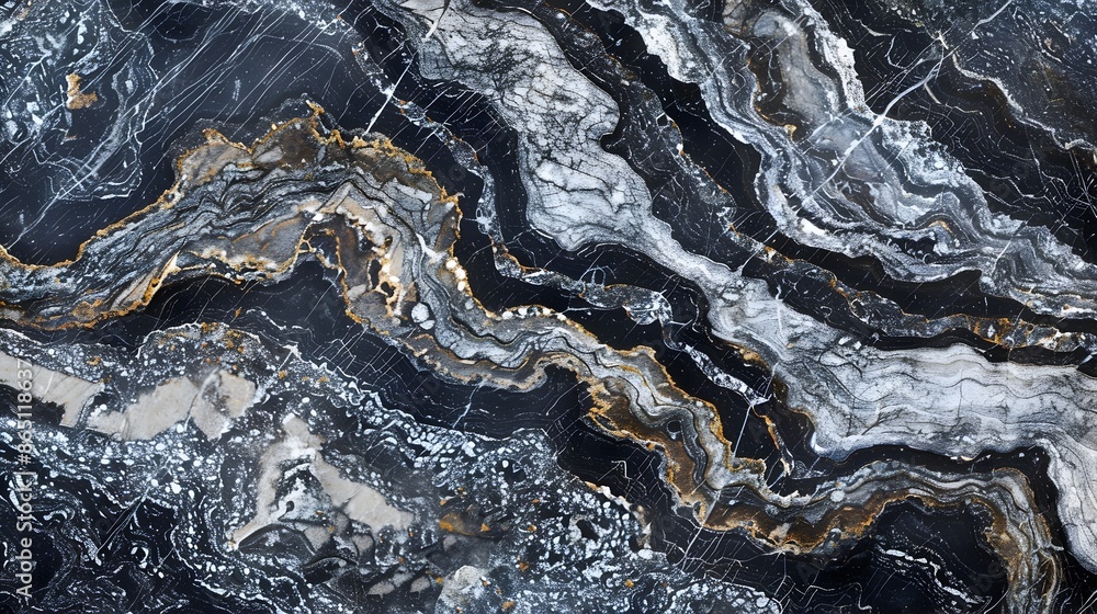 Poster intricate patterns of polished granite rock surface with luxurious dark and golden tones long title 