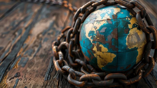 A globe wrapped in heavy chains on a rustic wooden surface, symbolizing global restraint, struggle, and limited freedom.