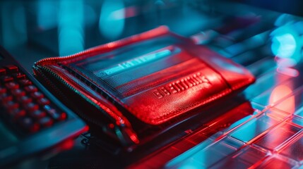 Close-up of a futuristic red wallet on a glass surface with neon lighting, creating a cyberpunk aesthetic.