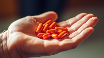 drug capsules on palm of a elderly hand. 