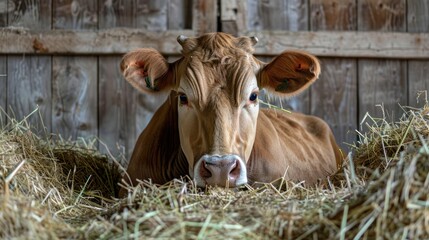 dairy cow eating hay in a dairy barn on a dairy farm 