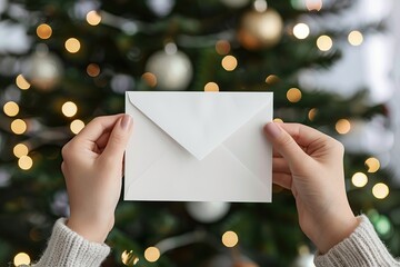 Female hand holding an white envelope over Christmas tree lights background with copyspace. Surprise, present, greeting card concept. Mailing. Christmas mail. Letters to Santa. Holiday card. Xmas wish