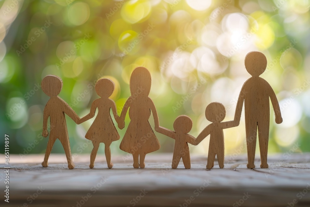 Poster group of wooden figures interconnected by holding hands in symbolic gesture of unity and togethernes