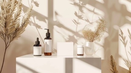 Minimalist skincare products set on a white podium with dried plants and warm sunlight casting shadows, creating a calming and natural ambiance.
