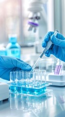 Fototapeta premium Scientist in laboratory using pipette and test tubes for experiment. Concept of medical research, biotechnology, and scientific innovation.