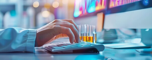 Scientist working on computer in a laboratory with scientific equipment and test tubes, analyzing data and conducting experiments.