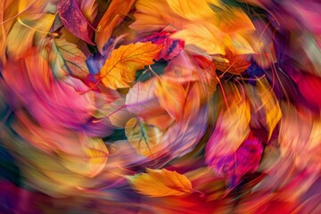 Vibrant swirling autumn leaves with vivid colors of red, orange, yellow, and green creating a dynamic abstract background image.