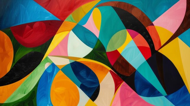 Vibrant abstract geometric painting with colorful shapes and dynamic forms, showcasing a modern artistic expression.