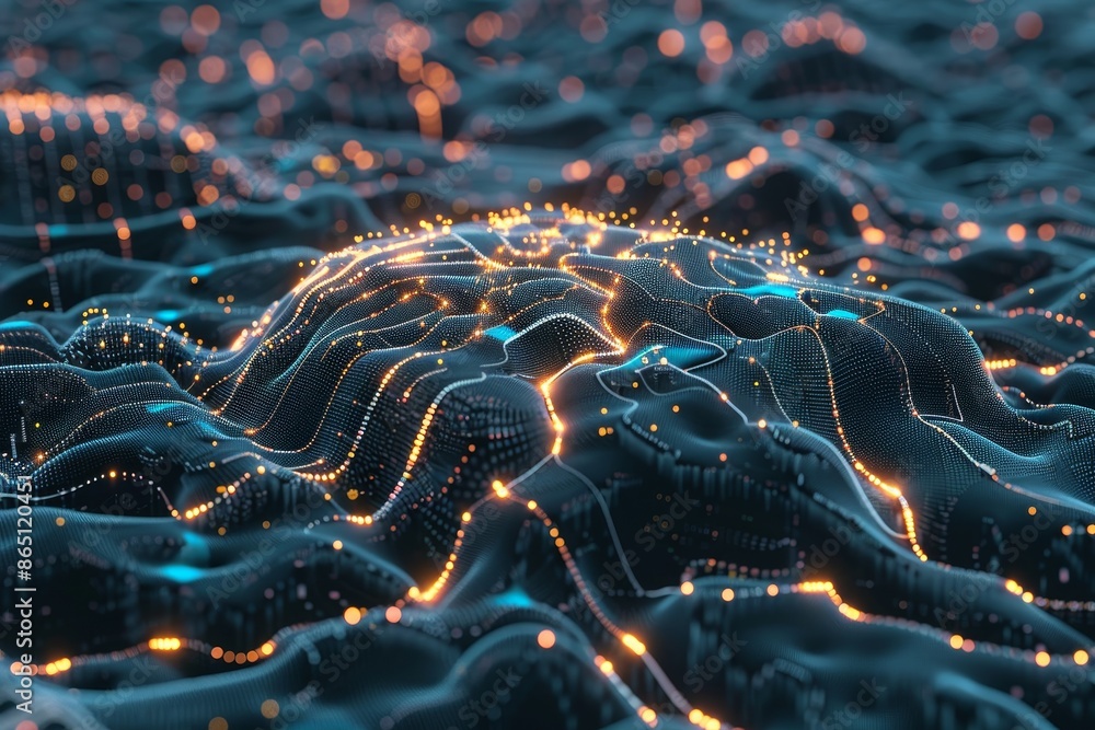 Poster computer-generated depiction of a vast mountain range with peaks and valleys in a digital landscape,