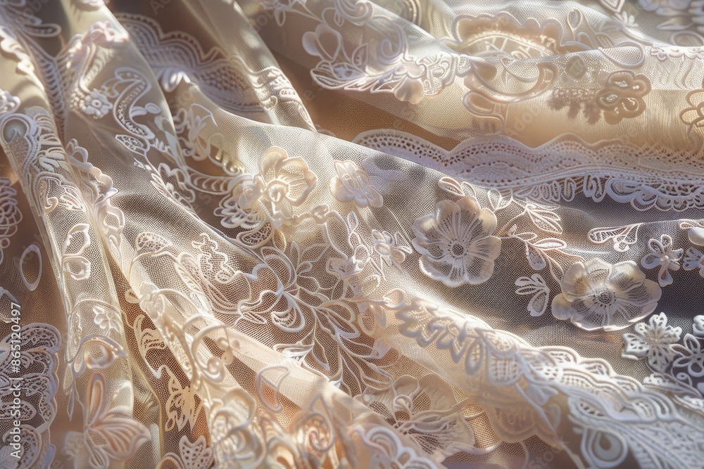 Poster Detailed view of a white lace curtain with intricate patterns and texture, A visualization of a delicate lace fabric with intricate floral patterns