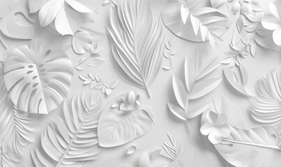 3D wallpaper with white paper cut out plants and leaves, white background