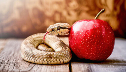 A snake coils around a bright red apple placed on a wooden table, creating an intriguing scene