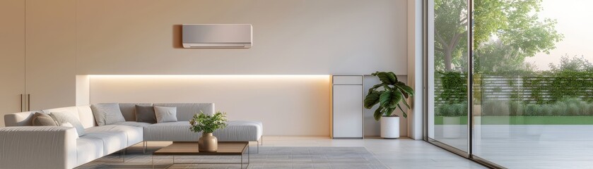 Modern minimalist living room interior design with large sliding glass doors, white sofa, potted plant, wooden table, and natural light.