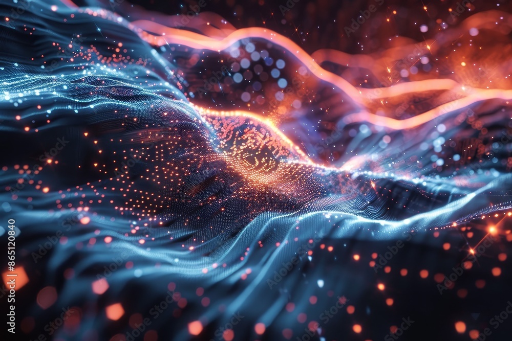 Fototapete Computer-generated wave of light showcasing AI processing in action, A visualization of artificial intelligence processing data in real-time