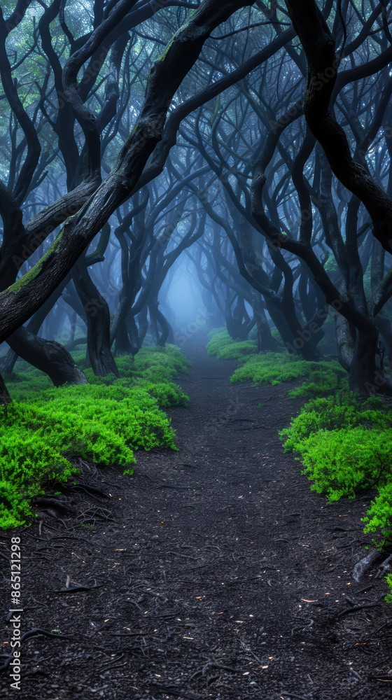 Poster a dark forest with a path through it