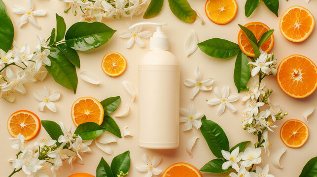 White blank plastic cosmetic skincare bottle with dosator mockup on pastel light brown background with oranges and flowers