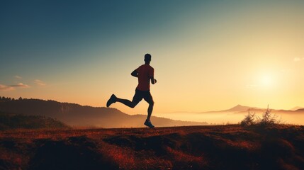 Young sportsman running on top of a hill 