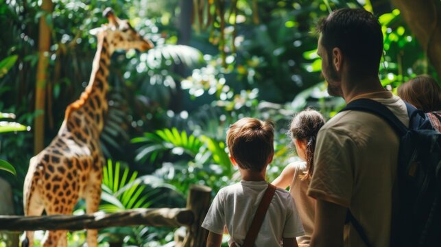 Family Visiting Zoo with Giraffe for Educational Outing