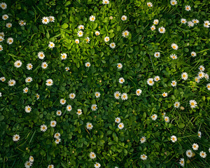 Field of green grass and blooming daisies, grass with flowers