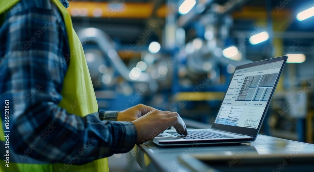 Poster engineer using laptop in industrial factory setting for monitoring and analysis
