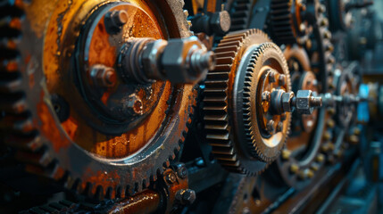 Detailed view of rusty, interlocking industrial gears in a factory setting, showcasing mechanical engineering and machinery.