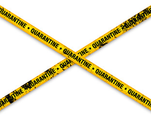 Old grunge quarantine zone warning tape. Novel coronavirus outbreak. Global lockdown. Yellow coronavirus danger stripe. Police caution line, restricted area. Construction tape. Vector illustration