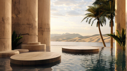 3D podiums in a serene desert oasis, surrounded by water and palm trees