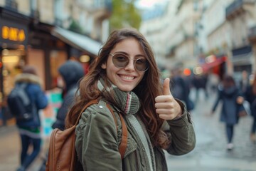 Fototapeta premium A beautiful young woman expressing approval with a thumbs-up gesture, enjoying a romantic moment outdoors
