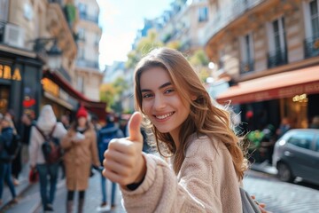 Fototapeta premium A beautiful young woman expressing approval with a thumbs-up gesture, enjoying a romantic moment outdoors
