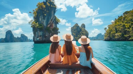 Group of young friends walking and taking a boat tour together in the sea at a tropical island beach at sunset in summer Attractive girl enjoying and having fun outdoors