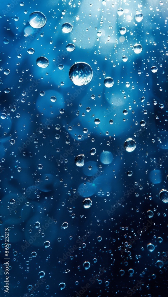 Poster water droplets on a blue glass surface with bokeh effect creating a tranquil and fresh atmosphere