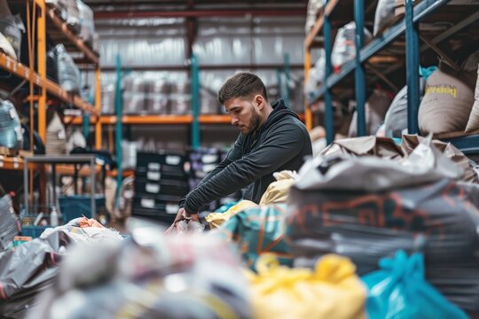 A man carefully organizes donated items in a warehouse, sorting through bags and boxes, A volunteer sorting through bags of donations in a busy warehouse