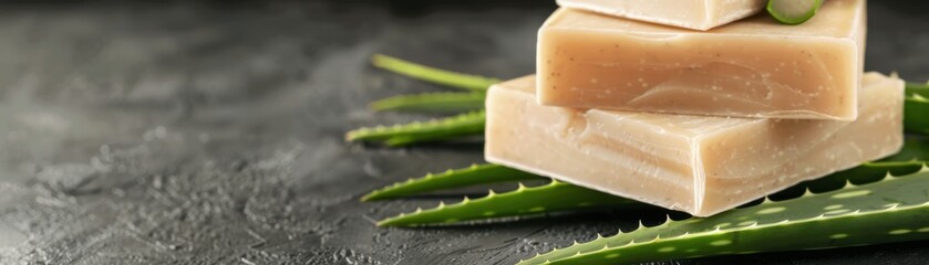 Natural handmade soap bars with aloe vera leaves on dark background. Organic skincare and wellness concept.