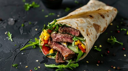 Fresh roll filled with grilled beef and salad, wrapped in a tortilla, placed against a dark background, looking savory and appetizing