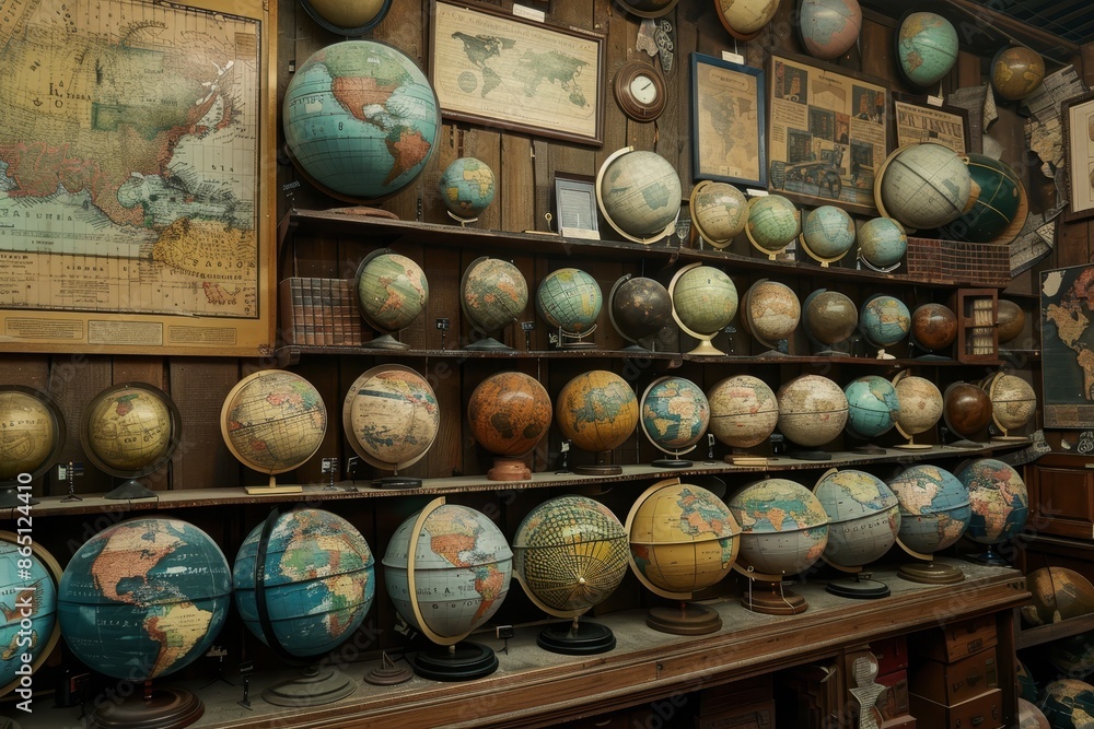 Poster room filled with various styles and sizes of globes, creating a unique display, a wall lined with vi