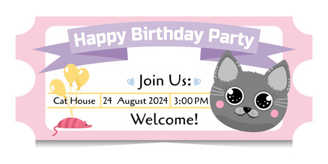 Kid's happy birthday party cute tickets with cartoon gray cat, mouse toy, balloons. Invitations to children's birthday party for boy or girl. Pink ticket templates isolated on white background.