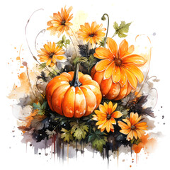 Watercolor pumpkins with autumn leaves, Thanksgiving Day, harvest, t-shirt design, background art wallpaper, print, for printing, poster, wall painting, interior - generative AI