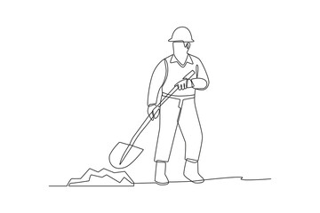 Continuous one line drawing A traditional miner uses a shovel to get minerals. Woman digging and mining for treasure chest in underground tunnel. Single line draw design vector