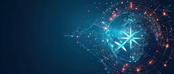 compass, navigation concept for aviation. points of departure and arrival. a globe, a compass around which airplanes fly
