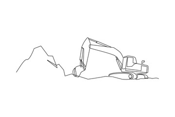 Continuous one line drawing an excavator used in the mining process. Woman digging and mining for treasure chest in underground tunnel. Single line draw design vector