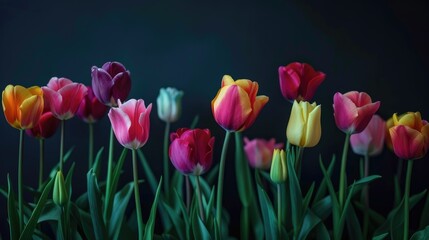 Colorful tulips against a dark backdrop