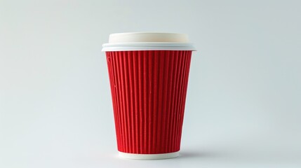 Takeaway coffee in a red paper cup without a lid on a white background in a close up top view