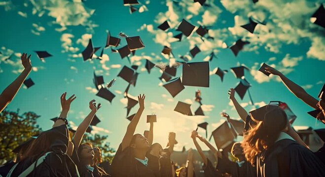 Students throwing graduation caps in the sky with happiness, celebrating university achievement or ceremony. Academic goals and college degree completion, education success, and excellence celebration