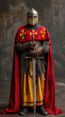 Fototapeta premium A knight in full armor stands in front of a wall, holding a sword